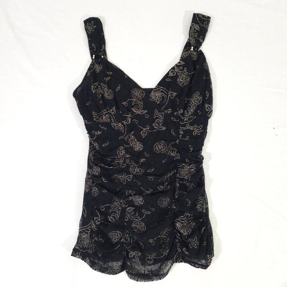 Black Gold Metallic Floral Sleeveless Tank Top With Rhinestone Strap Express S - Picture 1 of 9
